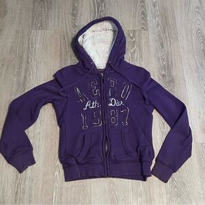 Y2K Aeropostale fur hoodie Full Zip Jacket Silver Metallic Logo M Purple Thermal